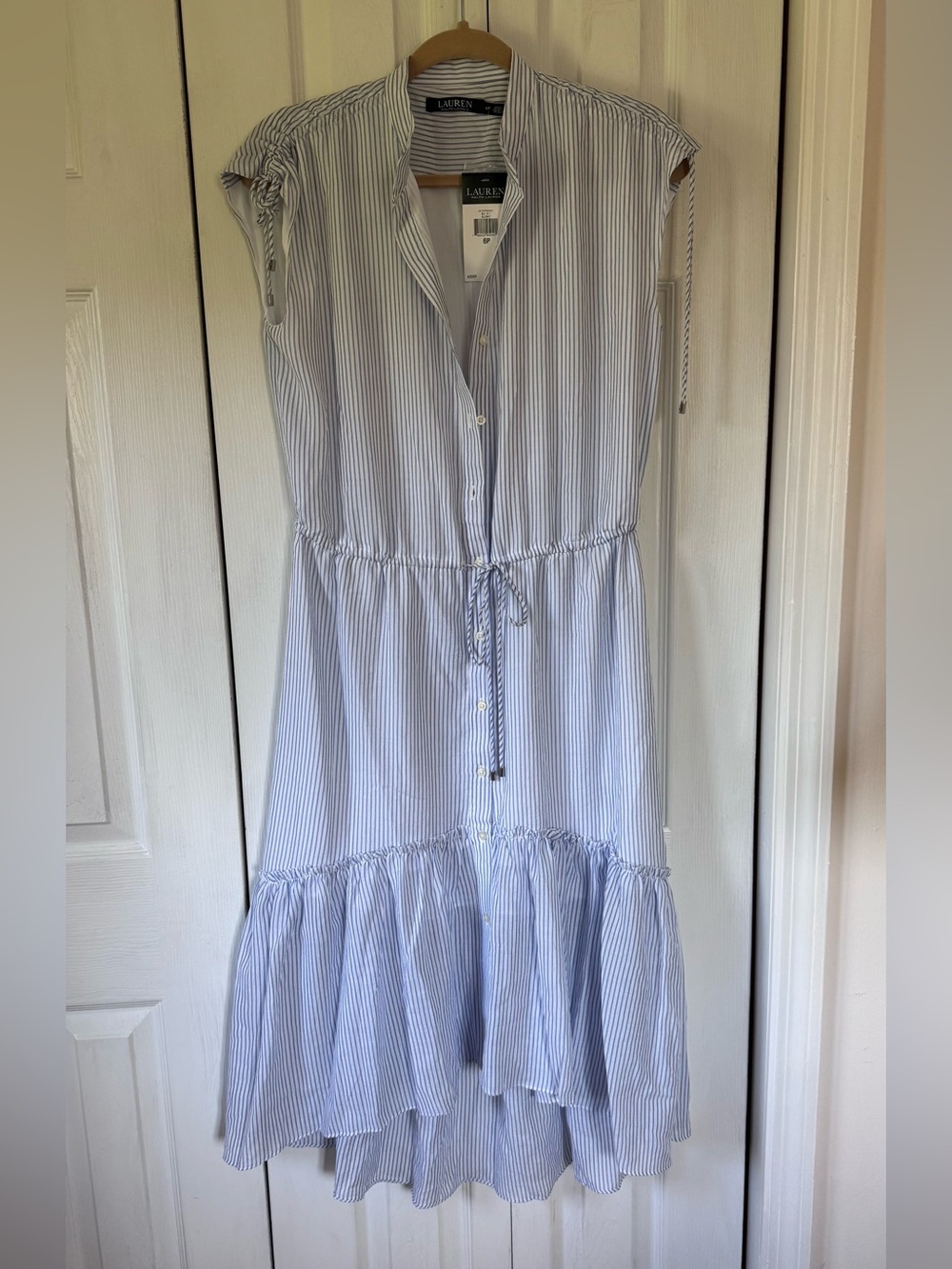 Ralph Lauren Light Blue and White Striped Drawstring Midi Dress - Picture 8 of 10